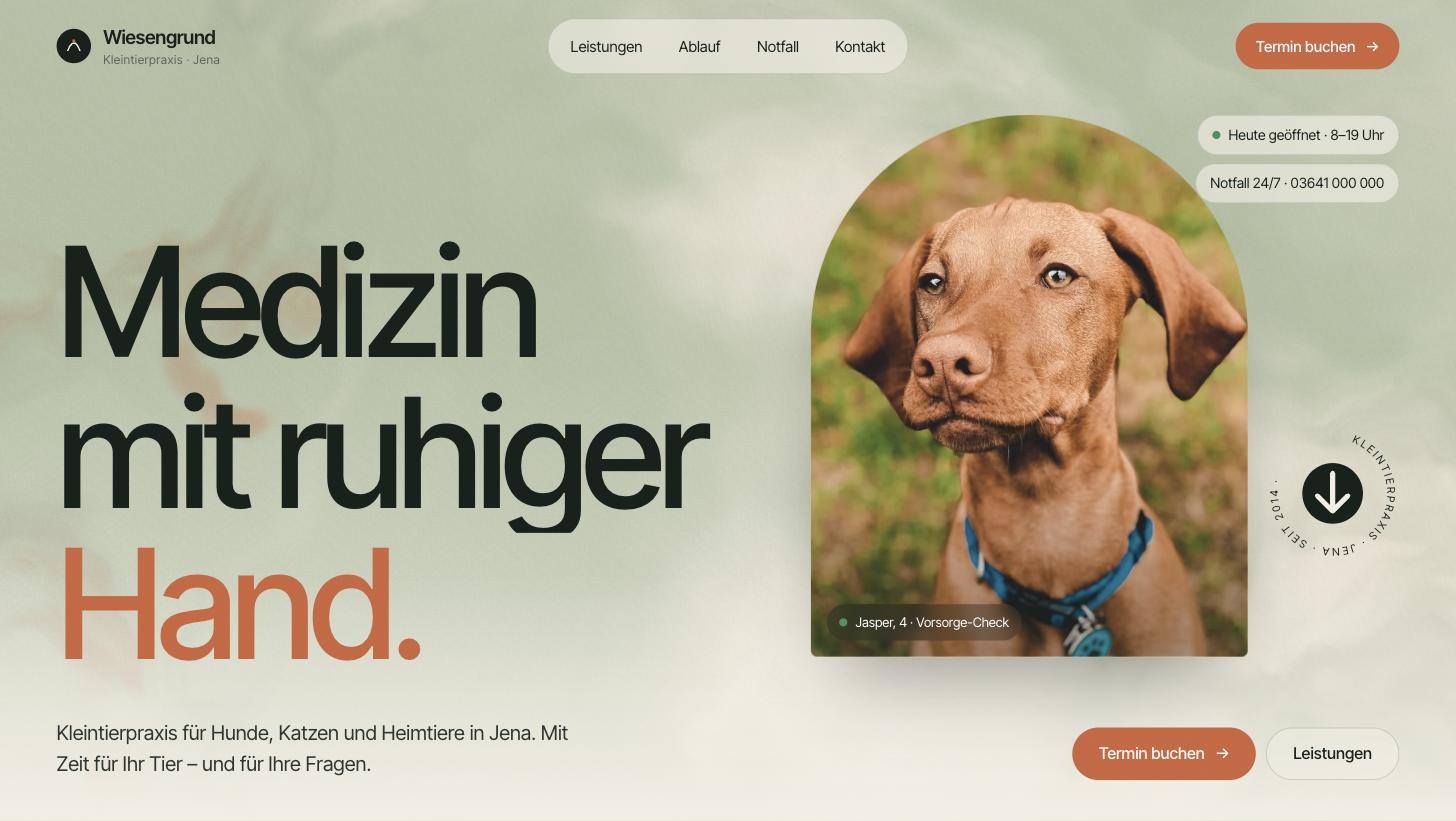 WIESENGRUND — Ruhige Praxis-Website mit KI-Video
